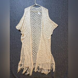 Hotouch crochet knit beach cardigan womens S cream tan boho fringe hippie open